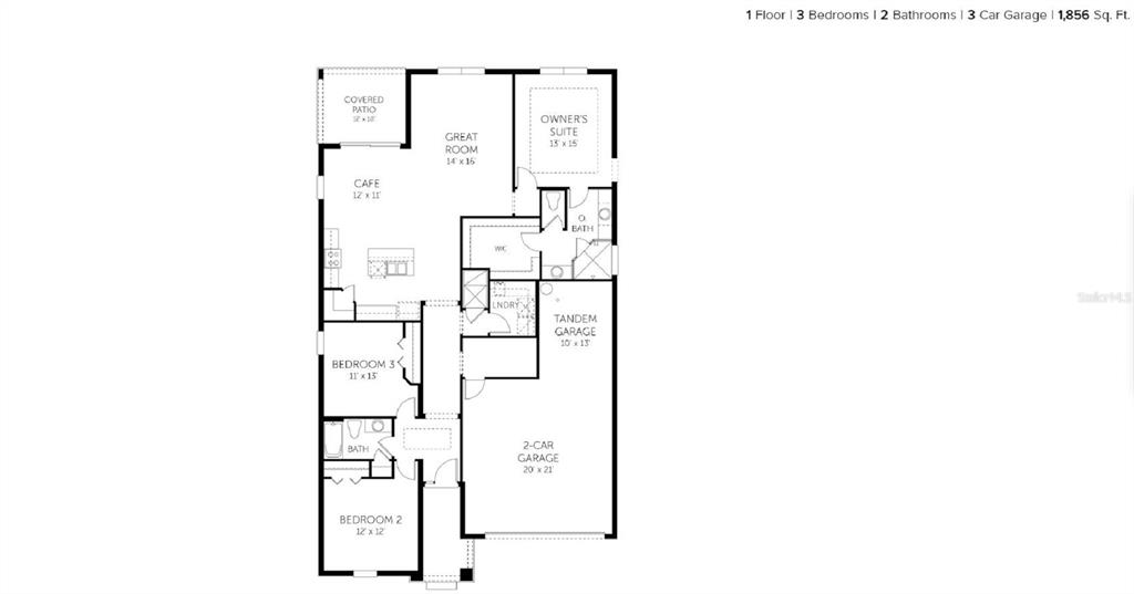 This is a floor plan for a single-story home with three bedrooms and a three-car garage — 5378 MARSHELDER STREET, APOPKA, FL
