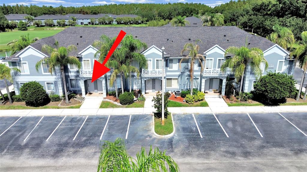 An aerial view shows a two-story residential building with a parking lot in front — 18126 PARADISE POINT DRIVE, TAMPA, FL
