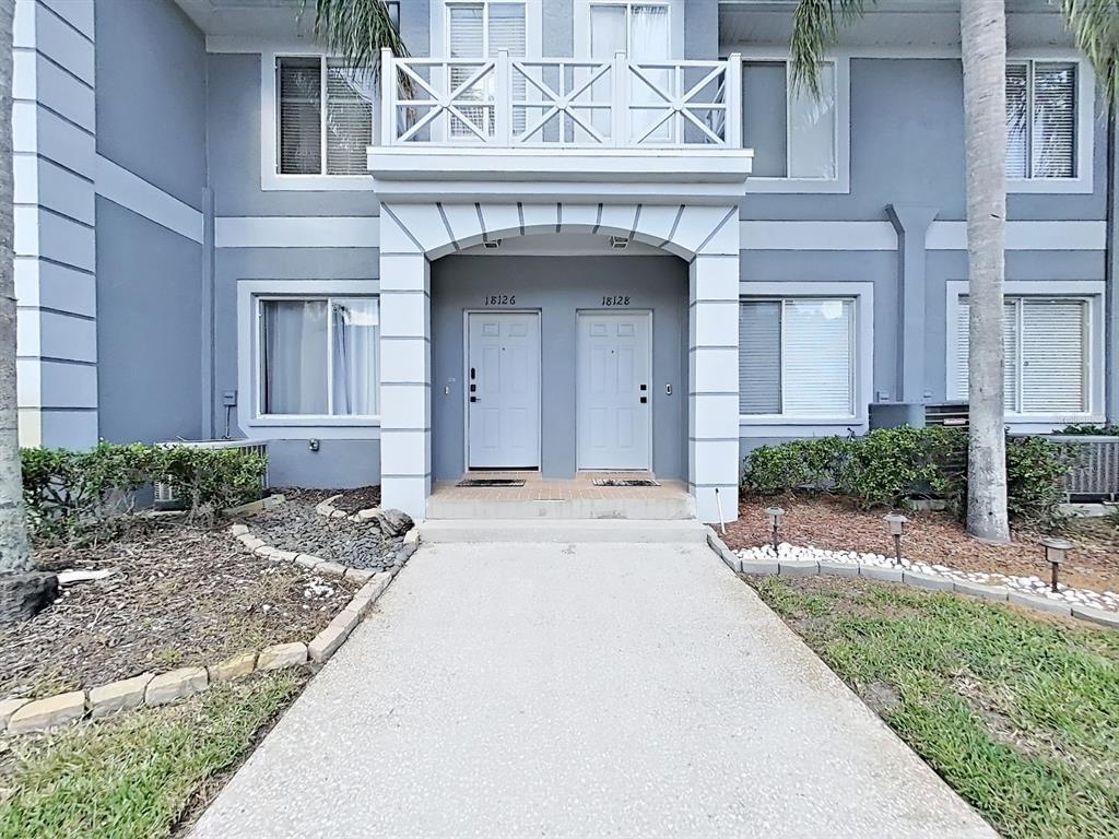A concrete walkway leads to the two front doors of a blue two-story building — 18126 PARADISE POINT DRIVE, TAMPA, FL