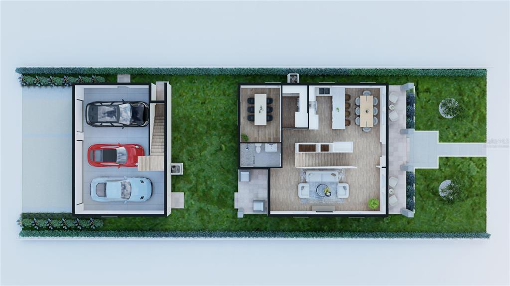 This is a 3D floor plan rendering of a home with a detached three-car garage — 5032 20TH AVENUE N, ST PETERSBURG, FL