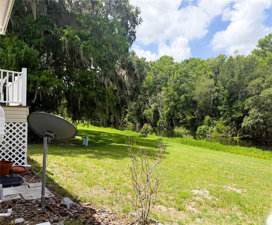 A backyard with a satellite dish, lawn, and a small canal bordered by trees — 122 PALO VERDE DRIVE, LEESBURG, FL