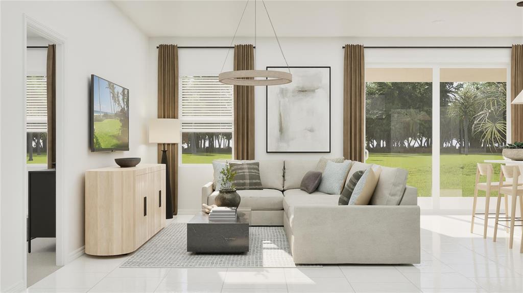 This rendering shows a modern living room with a sectional sofa, coffee table, and television — 8223 SAINT KITTS CIRCLE, ENGLEWOOD, FL