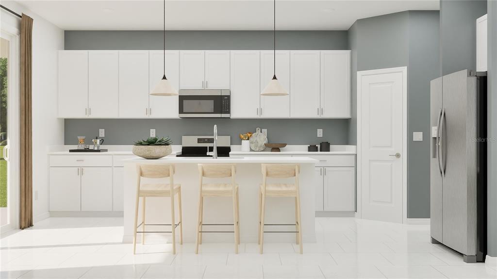 This rendering shows a modern kitchen with white cabinets, a central island, and stainless appliances — 8223 SAINT KITTS CIRCLE, ENGLEWOOD, FL