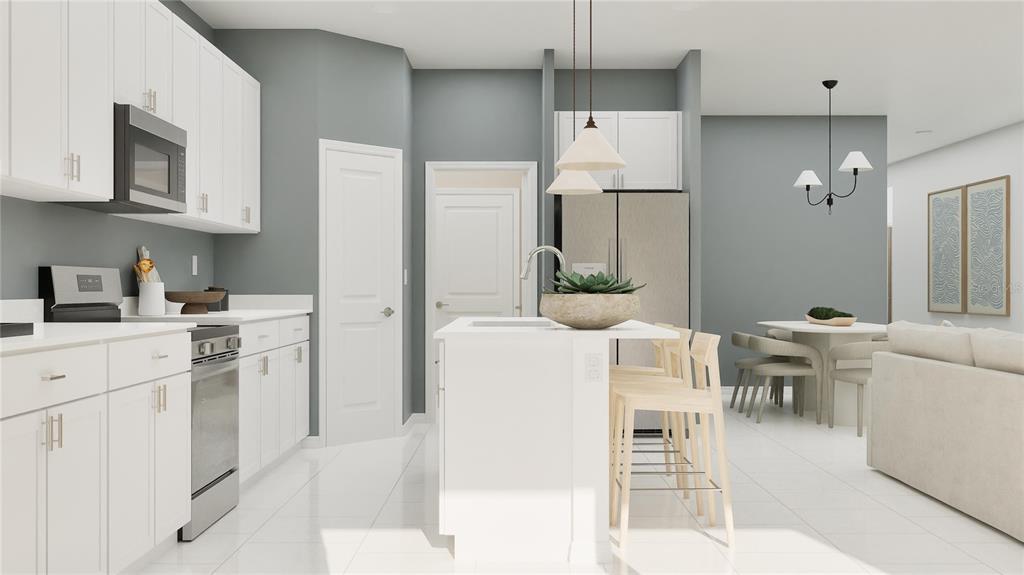 This is a digital rendering of a modern kitchen with white cabinets and a center island — 8223 SAINT KITTS CIRCLE, ENGLEWOOD, FL
