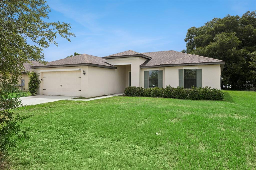 A single-story house with a beige stucco exterior, a two-car garage, and a front lawn — 35669 ROSE MOSS AVENUE, LEESBURG, FL