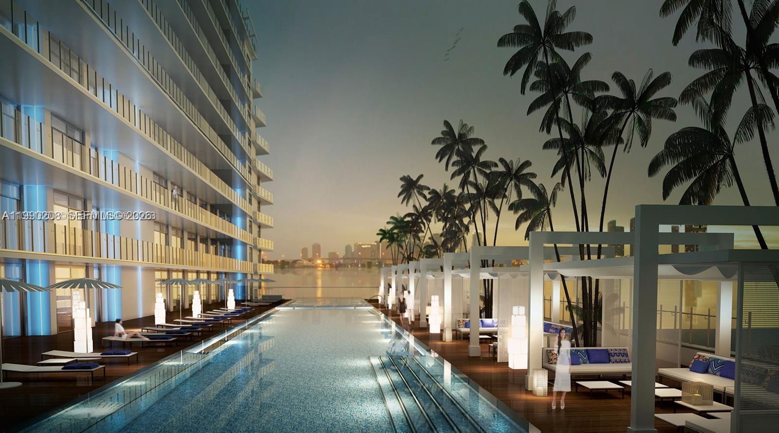 This architectural rendering shows a long swimming pool lined with cabanas beside a modern building — 4250 NE Biscayne Blvd # 1115, Miami FL 33137, MIAMI, FL