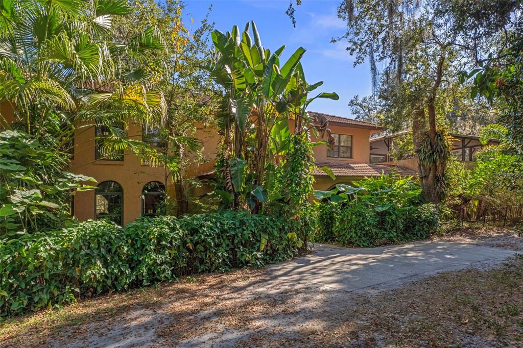 A two-story stucco house is partially obscured by lush tropical landscaping and large trees — 27910 DEBBIE. ROAD, OKAHUMPKA, FL