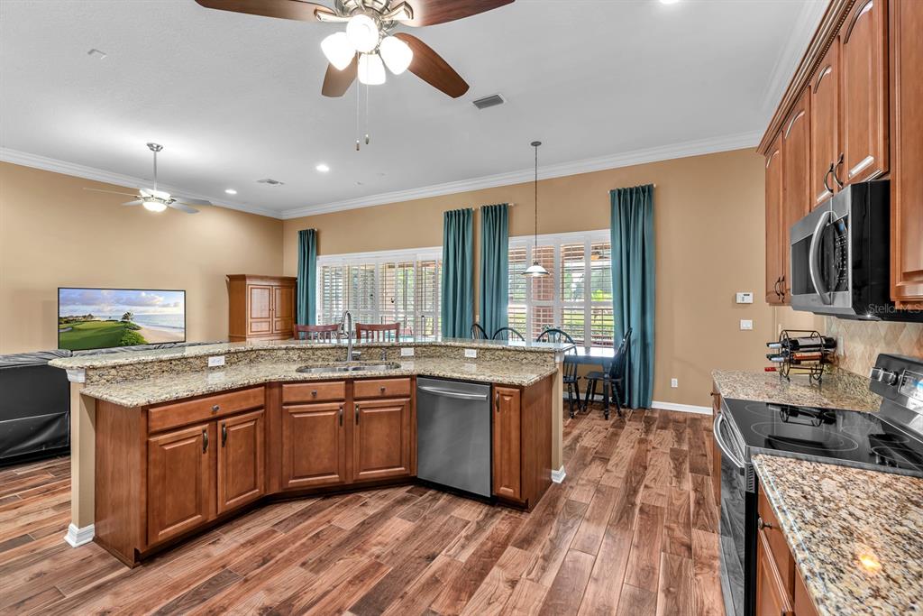 A kitchen with wood cabinets and granite countertops overlooks a living area with a television — 2817 DURANT TRAILS BOULEVARD, DOVER, FL