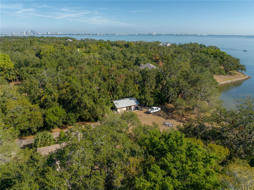 An aerial view shows a house and a white truck surrounded by dense trees — 6210 BAYSHORE BOULEVARD, TAMPA, FL