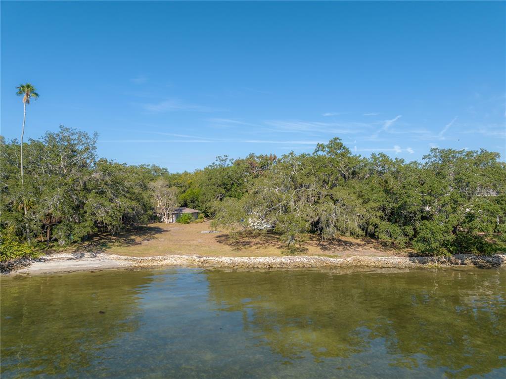 An aerial view shows a grassy waterfront lot with mature trees and a small building — 6210 BAYSHORE BOULEVARD, TAMPA, FL
