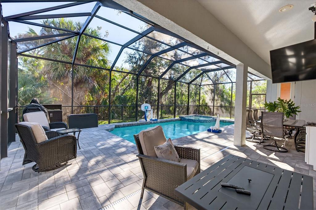 A covered patio with a pool, spa, and screened enclosure overlooking a wooded backyard — 8111 SANTA ROSA COURT, SARASOTA, FL