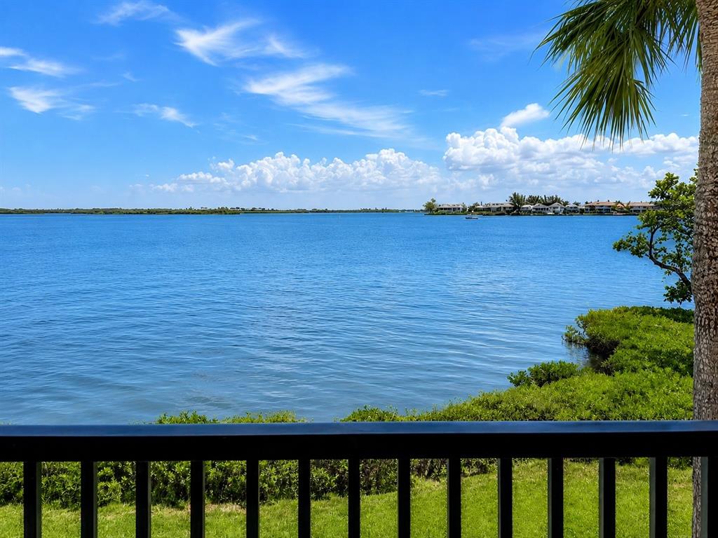 A view of a blue bay from a balcony with a black railing and palm tree — 1801 GULF DRIVE N UNIT 293, BRADENTON BEACH, FL