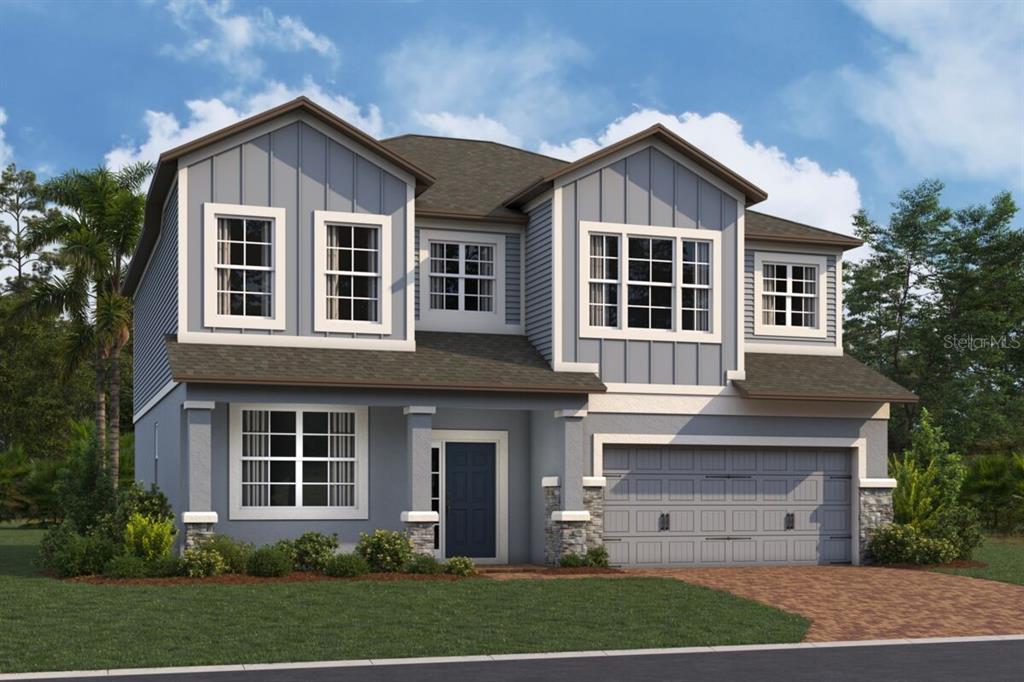 This is a digital rendering of a two-story suburban house with a gray exterior — 874 RIVER STONE, SANFORD, FL