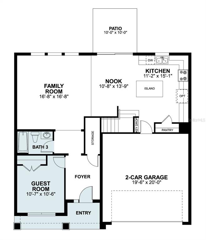 This is a floor plan of a home's ground level featuring a garage and patio — 874 RIVER STONE, SANFORD, FL