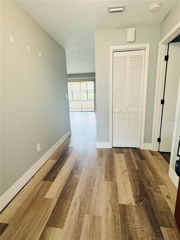 A hallway with light green walls and wood-look flooring leads toward a room with blinds — 20 LAKE COURT, OLDSMAR, FL
