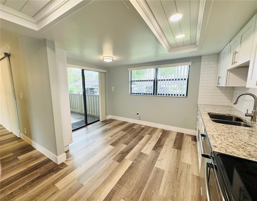 A kitchen with wood-look flooring, granite countertops, white cabinets, and a sliding glass door — 20 LAKE COURT, OLDSMAR, FL