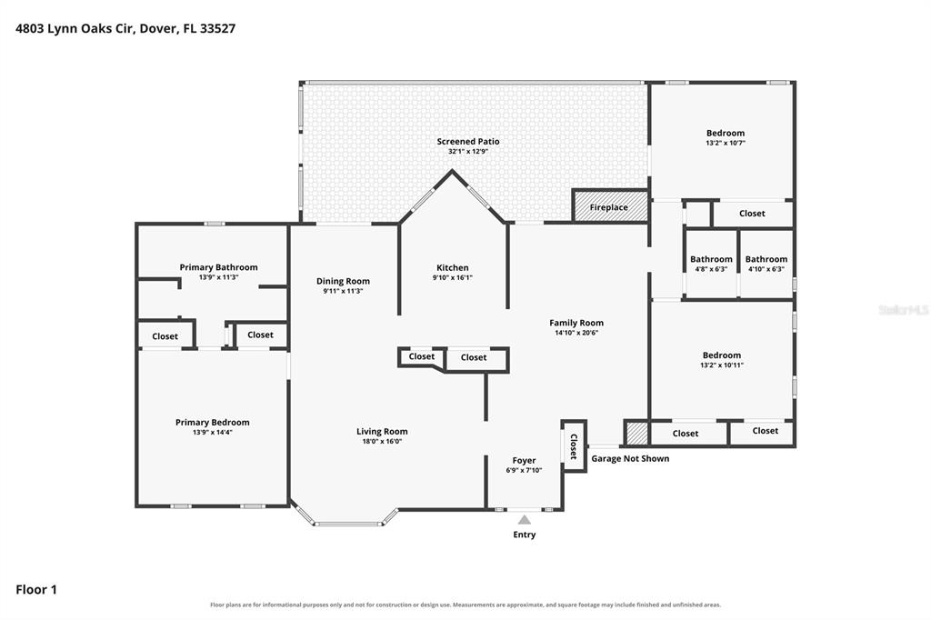 This is a floor plan showing the layout of a single-story residential home — 4803 LYNN OAKS CIRCLE, DOVER, FL