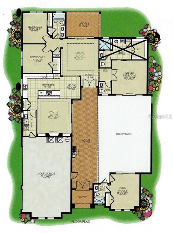 This is a floor plan of a house featuring a central courtyard, three-car garage, and pool house — 134 NEW LEATHERWOOD DRIVE, PALM COAST, FL