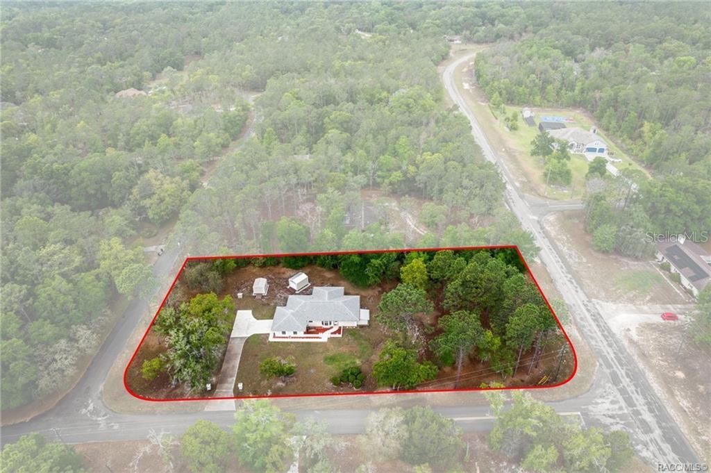 An aerial view shows a house with a concrete driveway situated on a wooded lot — 9000 SW 206TH COURT ROAD, DUNNELLON, FL