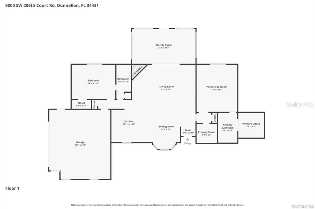 This is a floor plan for a single-story house with a garage and Florida room — 9000 SW 206TH COURT ROAD, DUNNELLON, FL
