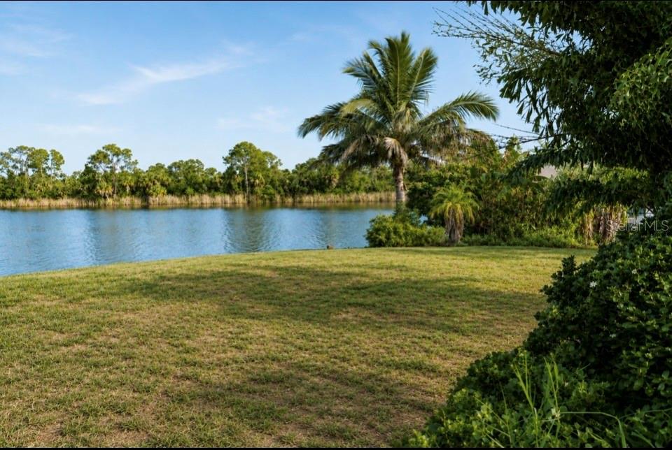 A grassy lawn overlooks a calm lake bordered by trees and a palm tree — 10535 AZTEC ROAD, PORT CHARLOTTE, FL