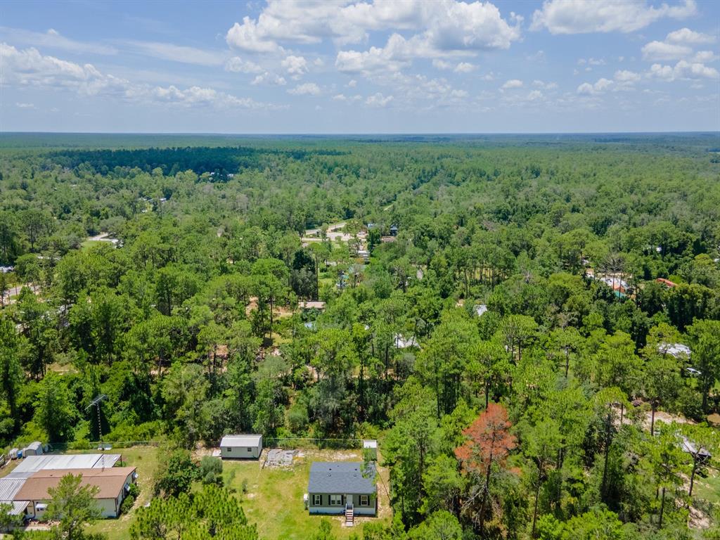 An aerial view shows a house with a dark roof surrounded by dense forest — 14668 NE 204TH PLACE, FORT MC COY, FL