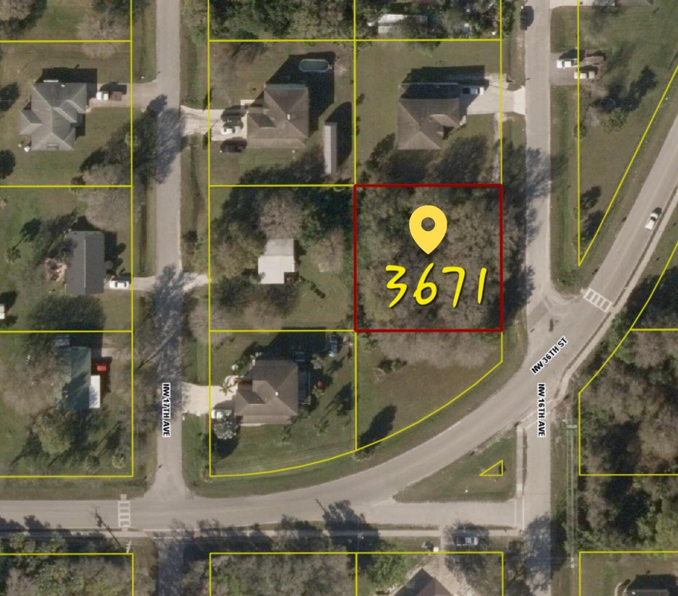 An aerial map view shows a vacant, wooded residential lot outlined in red — 3671 NW 16th Avenue, Okeechobee FL 34972, OKEECHOBEE, FL