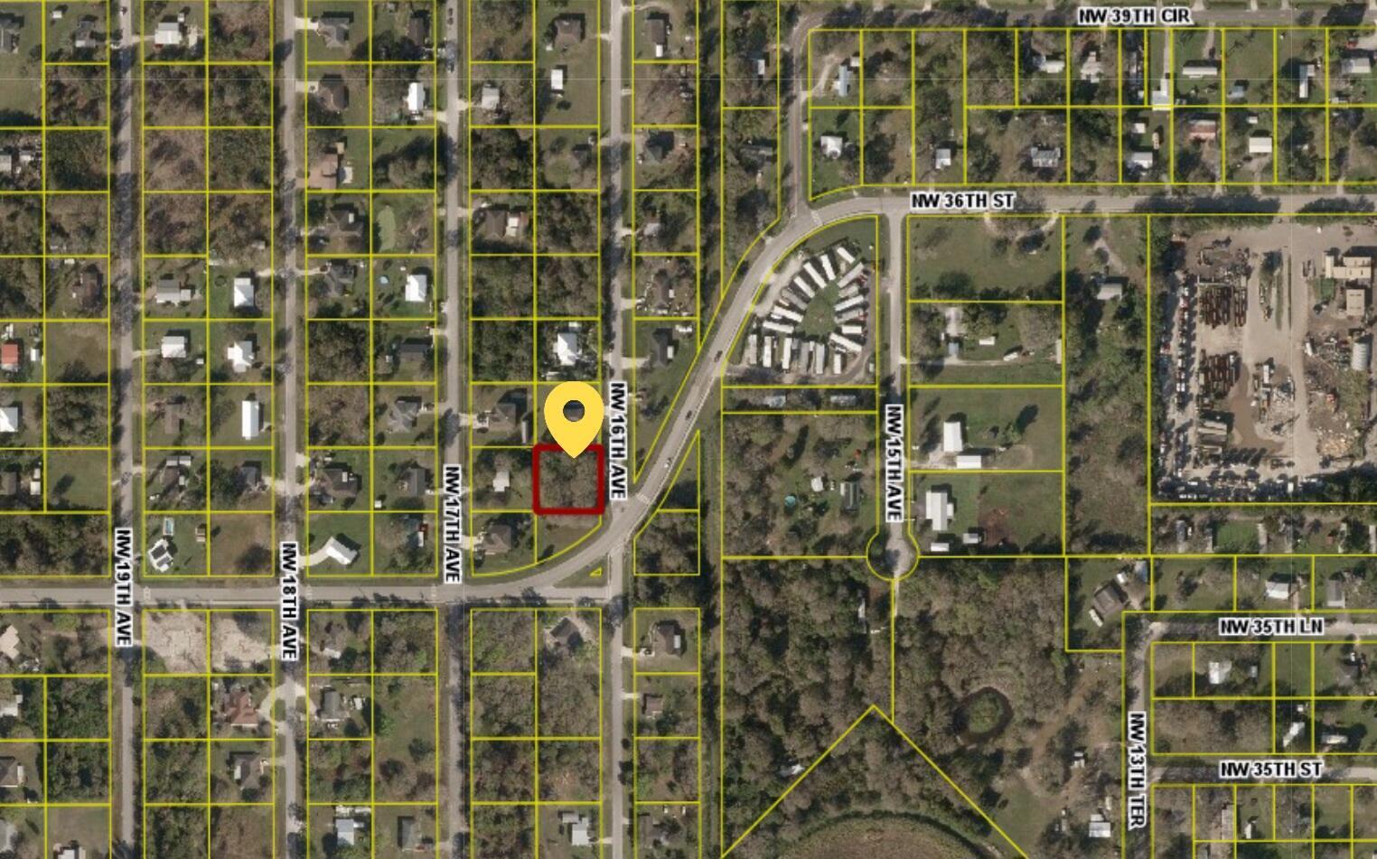 This is an aerial map showing a highlighted rectangular property lot near a curved road — 3671 NW 16th Avenue, Okeechobee FL 34972, OKEECHOBEE, FL