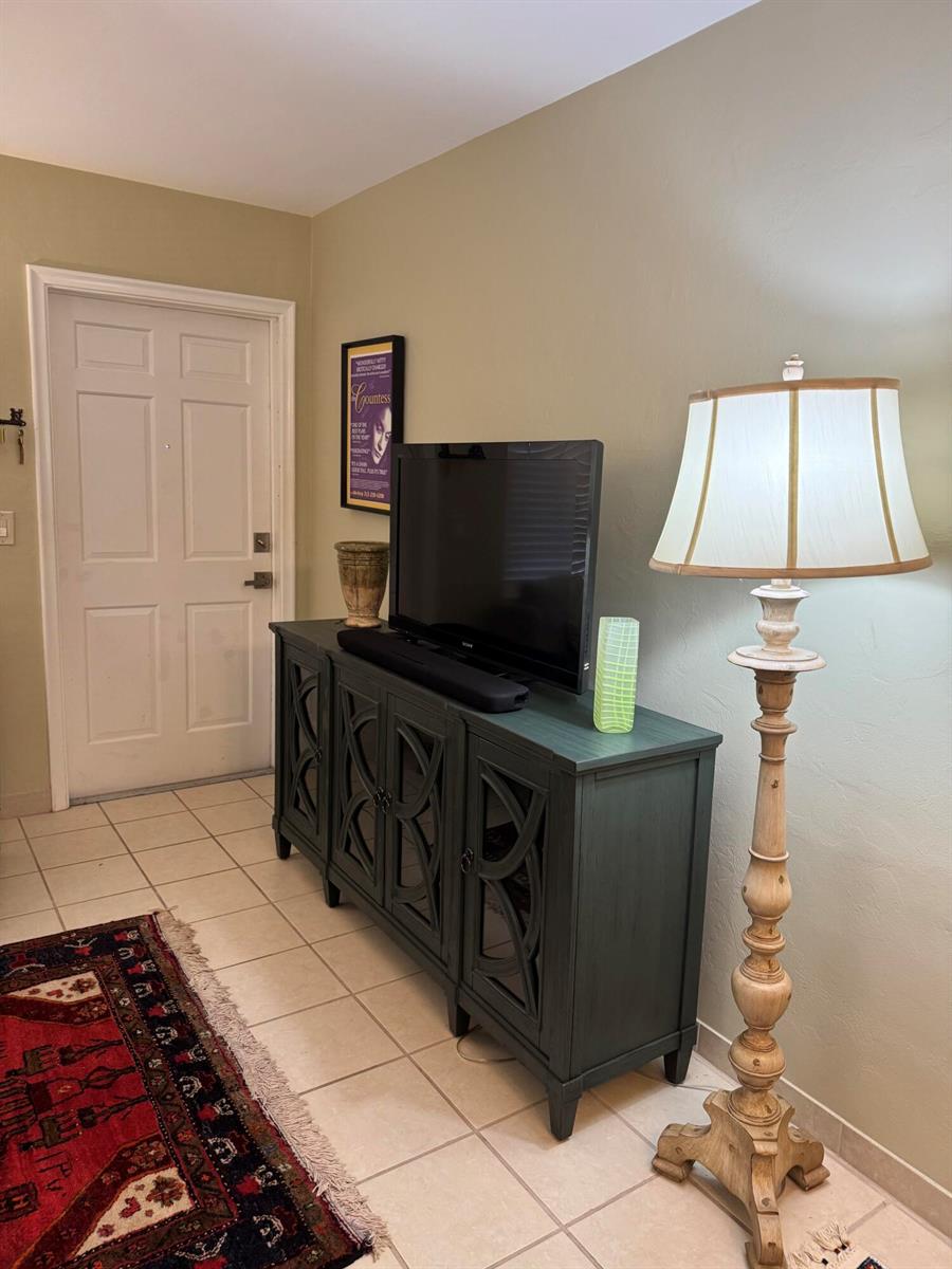 A living room features a dark green media console, a television, and a floor lamp — 3362 Cynthia Lane # 107, FL 33461, FL