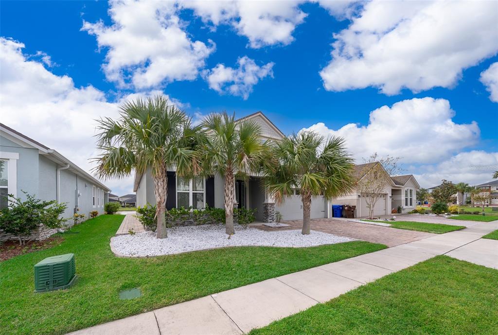 A single-family home with a paved driveway, palm trees, and white rock landscaping — 3026 JARDIN STREET, KISSIMMEE, FL