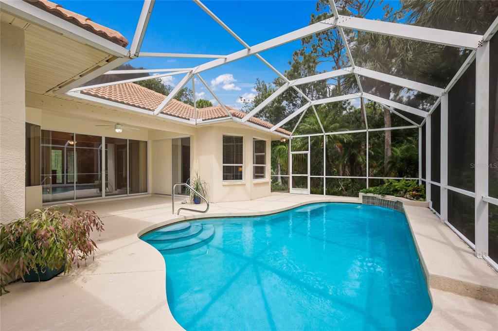 A swimming pool with a screen enclosure sits on a patio next to a house — 8005 WATERVIEW BOULEVARD, LAKEWOOD RANCH, FL