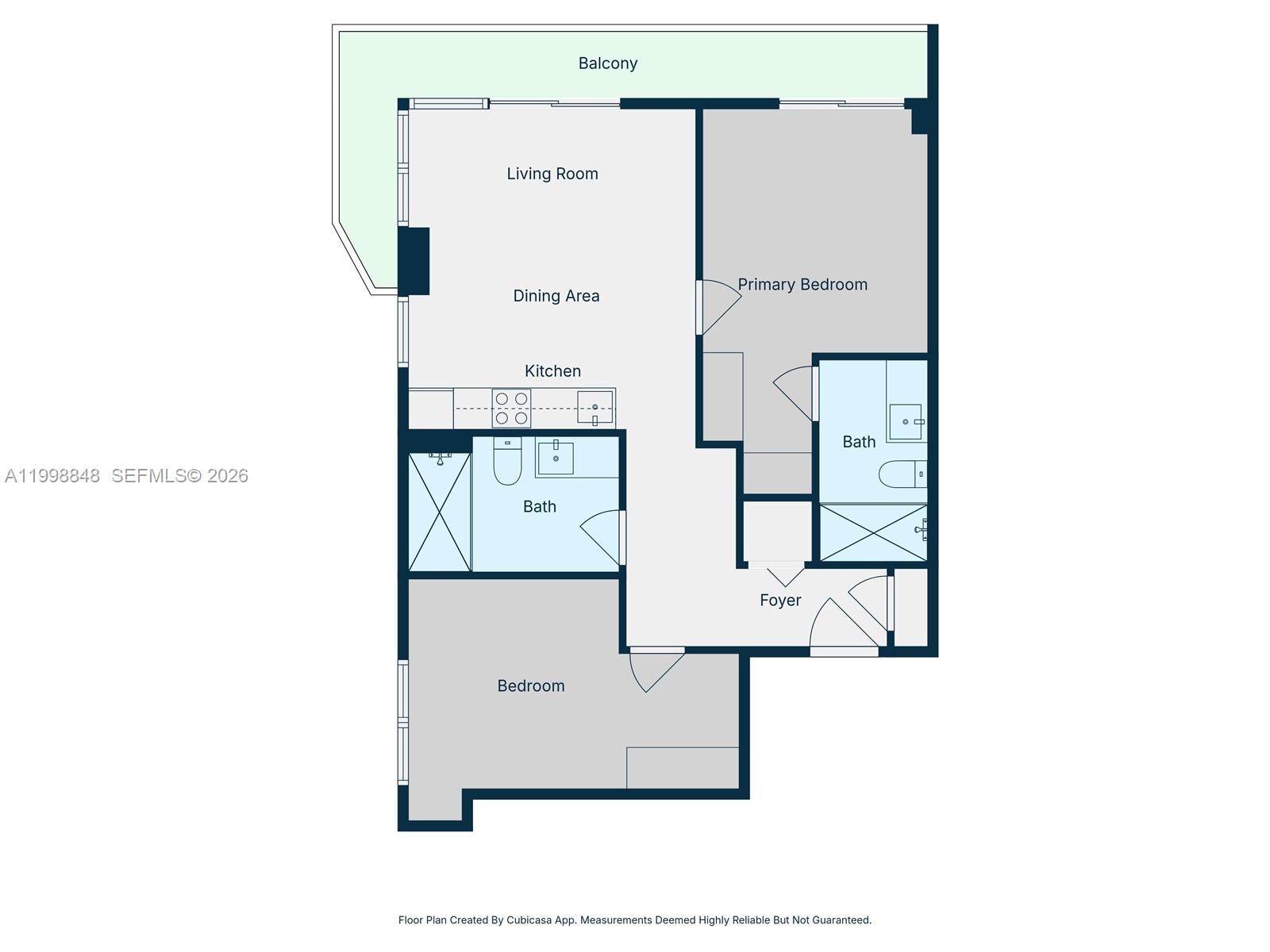 This is a floor plan for a two-bedroom, two-bathroom apartment with a balcony — 121 NE 5th ST # 2101, Miami FL 33132, MIAMI, FL