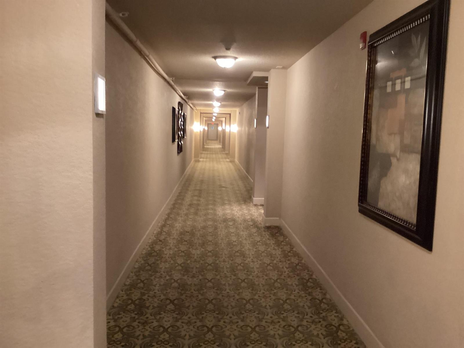 A long hotel hallway features patterned carpeting, recessed lighting, and framed wall art — 1000 Spanish River Road # 3k, Boca Raton FL 33432, BOCA RATON, FL