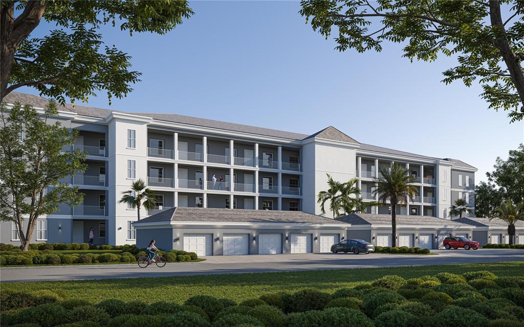 This is a digital rendering of a multi-story apartment building with attached ground-level garages — 7456 EXCITEMENT DR UNIT 101, KISSIMMEE, FL