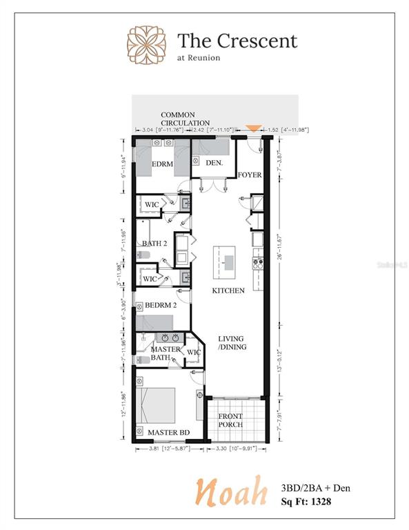 This floor plan shows a three-bedroom, two-bathroom apartment unit with a den and front porch — 7456 EXCITEMENT DR UNIT 101, KISSIMMEE, FL