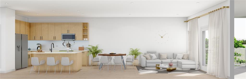 This rendering shows an open-concept kitchen, dining area, and living room with light wood cabinetry — 7456 EXCITEMENT DR UNIT 101, KISSIMMEE, FL