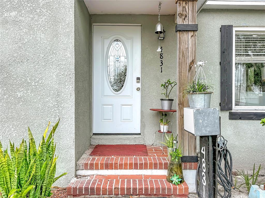 A white front door with a decorative glass insert sits above brick steps — 4831 FAIRFIELD AVENUE S, ST PETERSBURG, FL