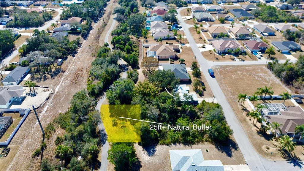 An aerial view shows a residential neighborhood with a highlighted area labeled as a natural buffer — 29 FIELDSTONE LANE, PALM COAST, FL