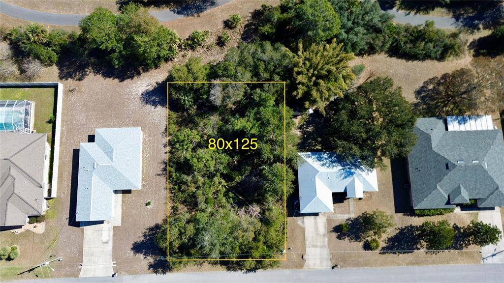 An aerial view shows a rectangular, tree-covered vacant lot situated between two residential houses — 29 FIELDSTONE LANE, PALM COAST, FL