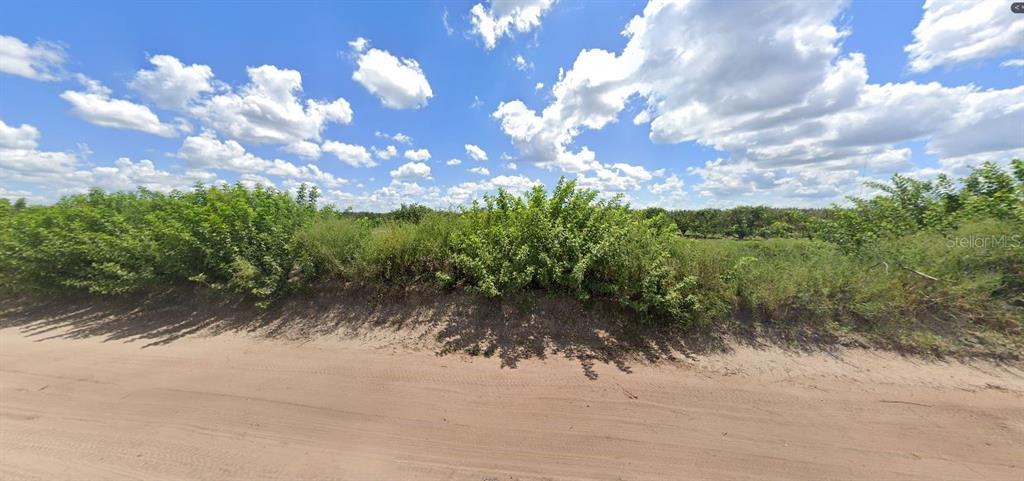 A dirt road runs alongside a grassy, shrub-covered lot under a blue, cloudy sky — HOLOPAW GROVES ROAD, ST CLOUD, FL