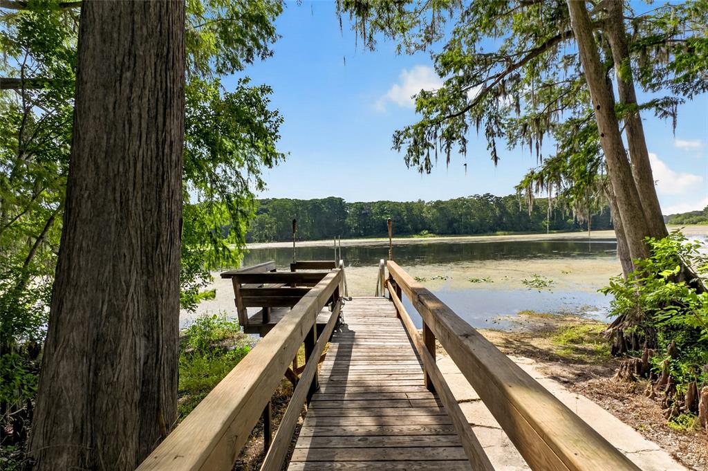 A wooden dock extends into a lake surrounded by trees with hanging Spanish moss — 28211 MAGNON DRIVE, BROOKSVILLE, FL