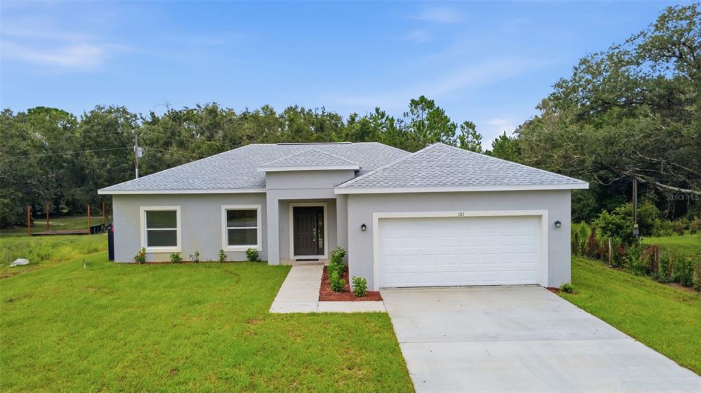 A single-story gray house with a two-car garage and a concrete walkway — 121 S CANOE CREEK ROAD, KENANSVILLE, FL