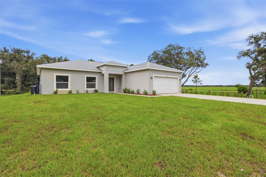 A single-story house with a gray stucco exterior, a two-car garage, and a large lawn — 121 S CANOE CREEK ROAD, KENANSVILLE, FL