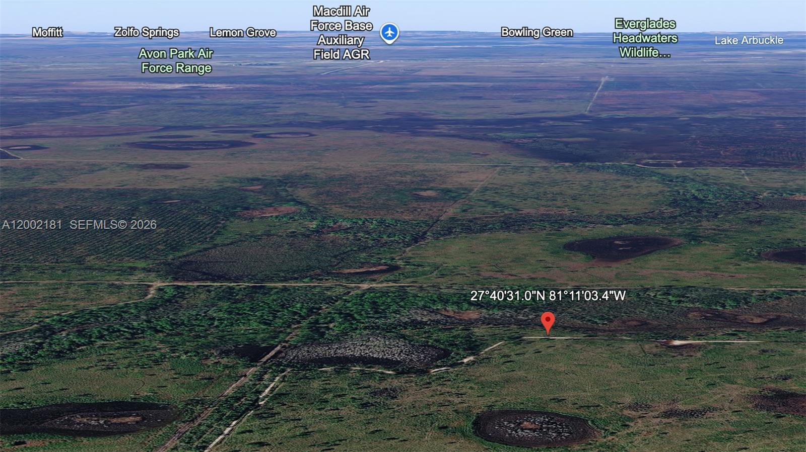 This is an aerial map view of a rural landscape with a red location pin — 0 Unknown, Frostproof FL 33843, FROSTPROOF, FL