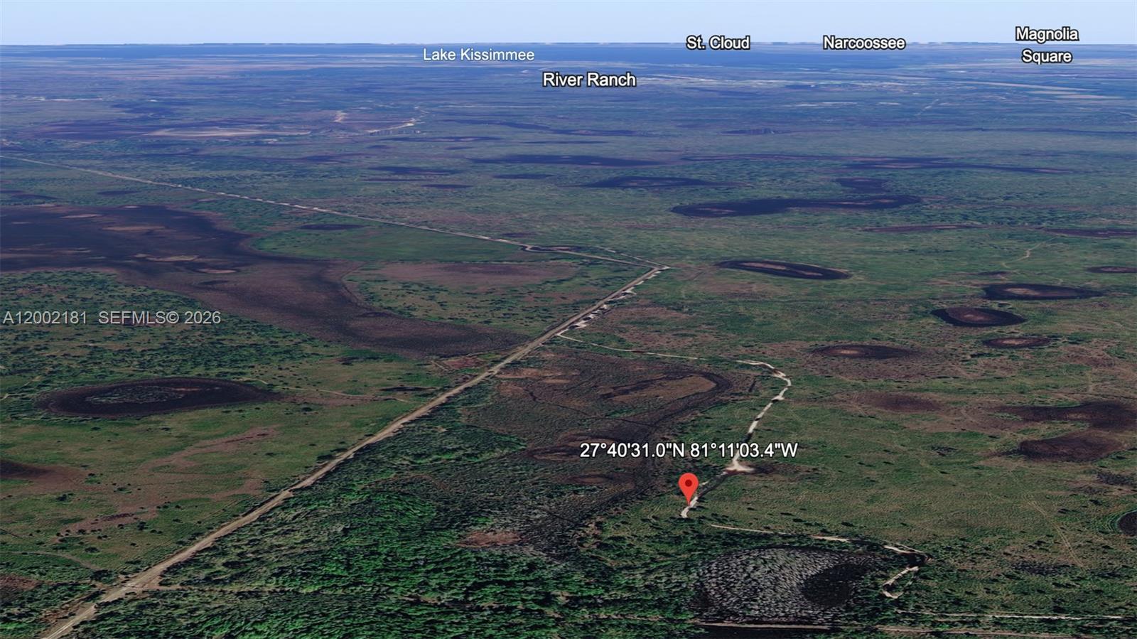 This is an aerial map view of a rural landscape with a red location pin — 0 Unknown, Frostproof FL 33843, FROSTPROOF, FL