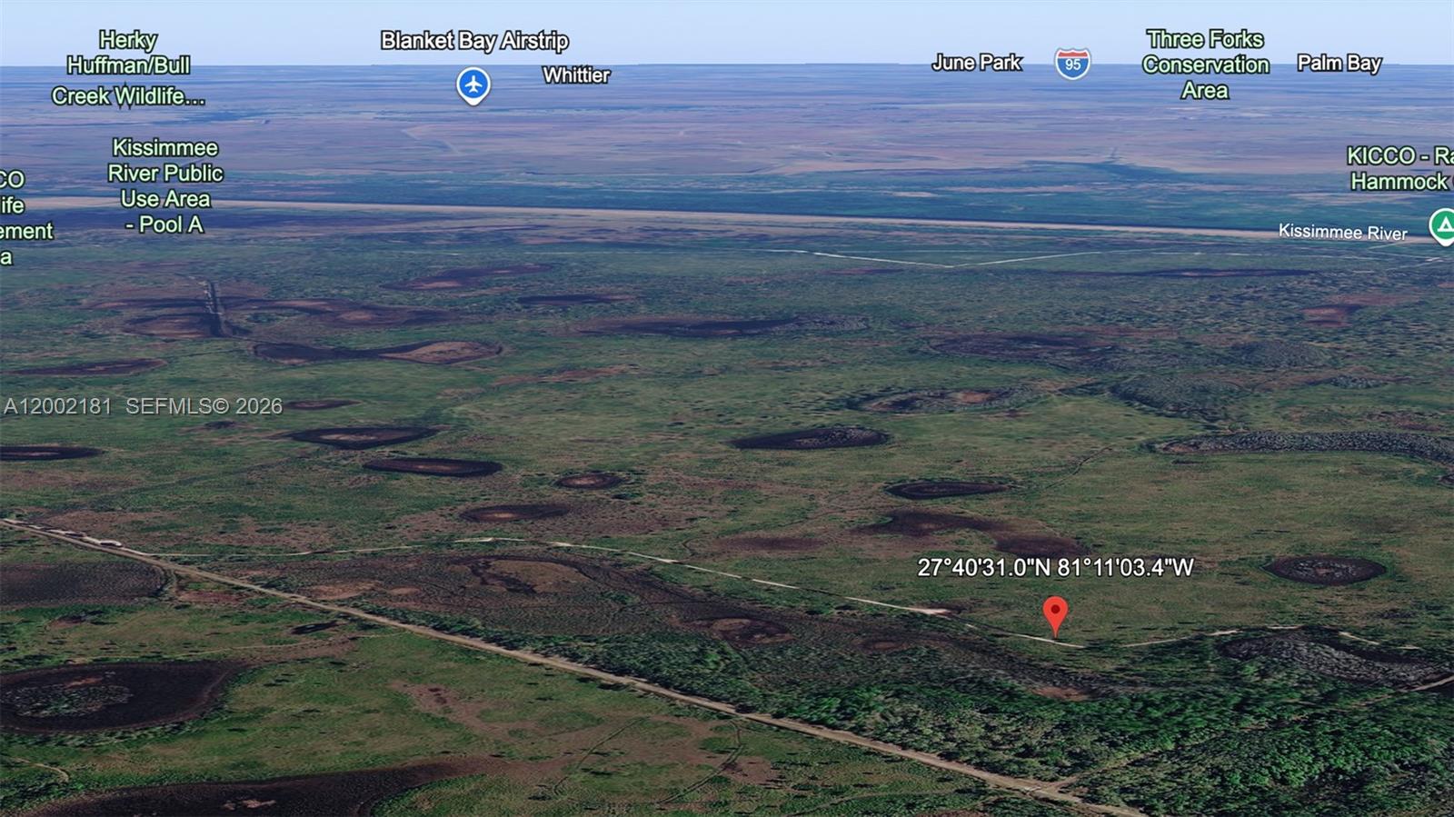This is an aerial map view of a rural landscape with a marked location pin — 0 Unknown, Frostproof FL 33843, FROSTPROOF, FL