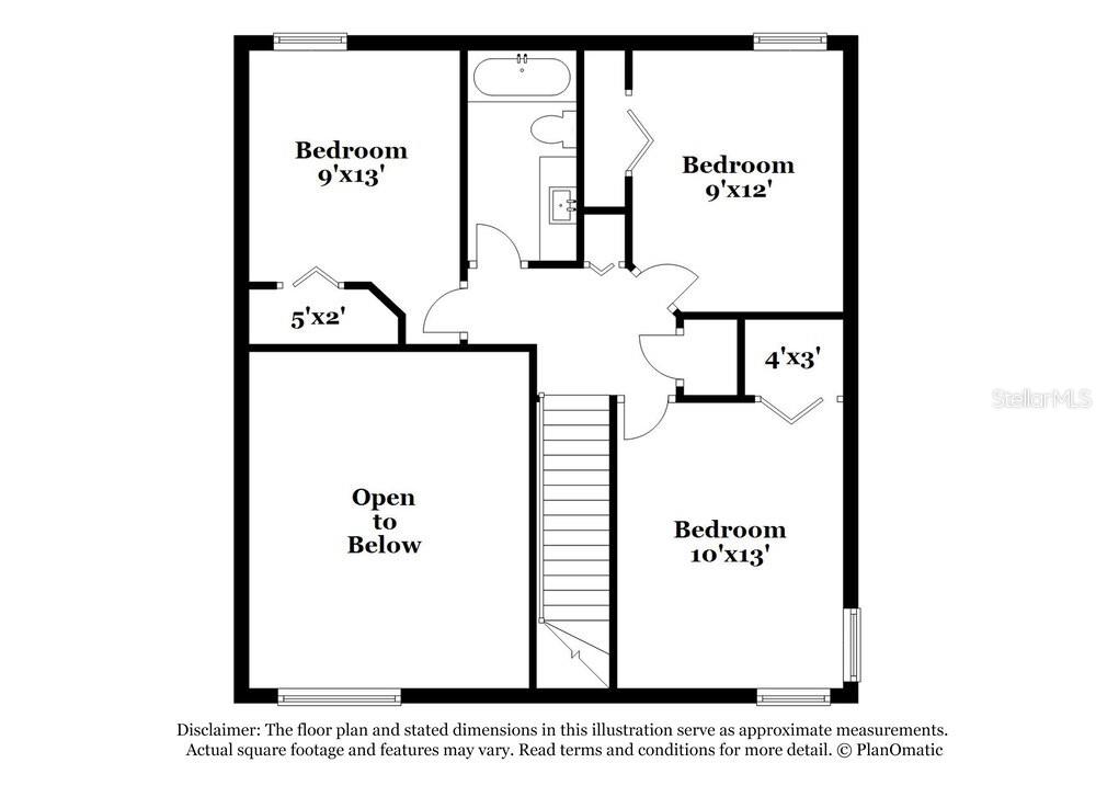 This is a floor plan showing three bedrooms, a bathroom, and an open-to-below area — 10430 BLACKMORE DRIVE, TAMPA, FL