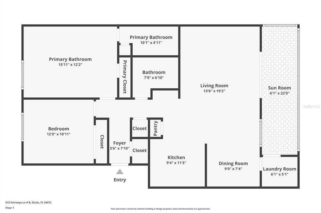 This is a floor plan showing the layout of a one-bedroom residential unit — 513 FAIRWAYS LANE UNIT B, OCALA, FL