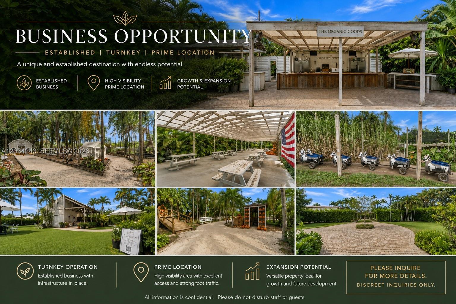 A collage shows an outdoor commercial property with a covered patio, picnic tables, and landscaping — MIAMI, FL