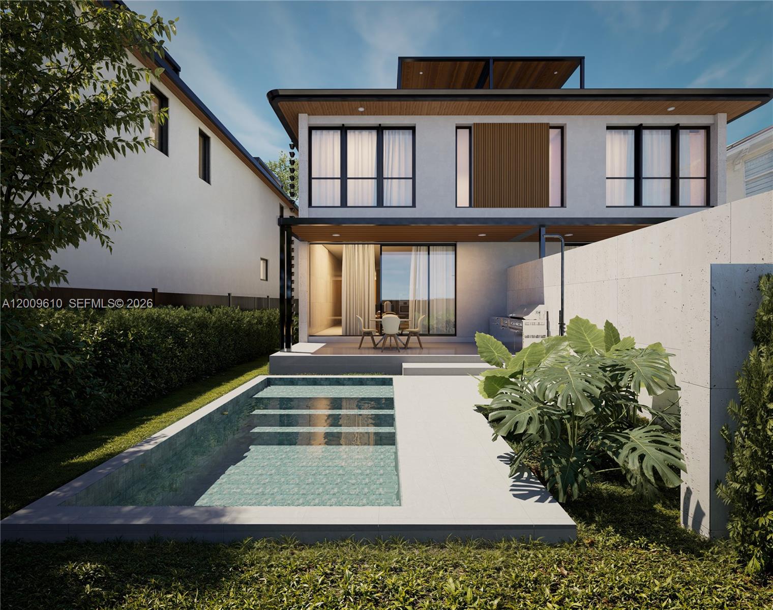 This rendering shows the backyard of a modern two-story house with a pool and patio — 1047 SW 13th Ave, Miami FL 33135, MIAMI, FL